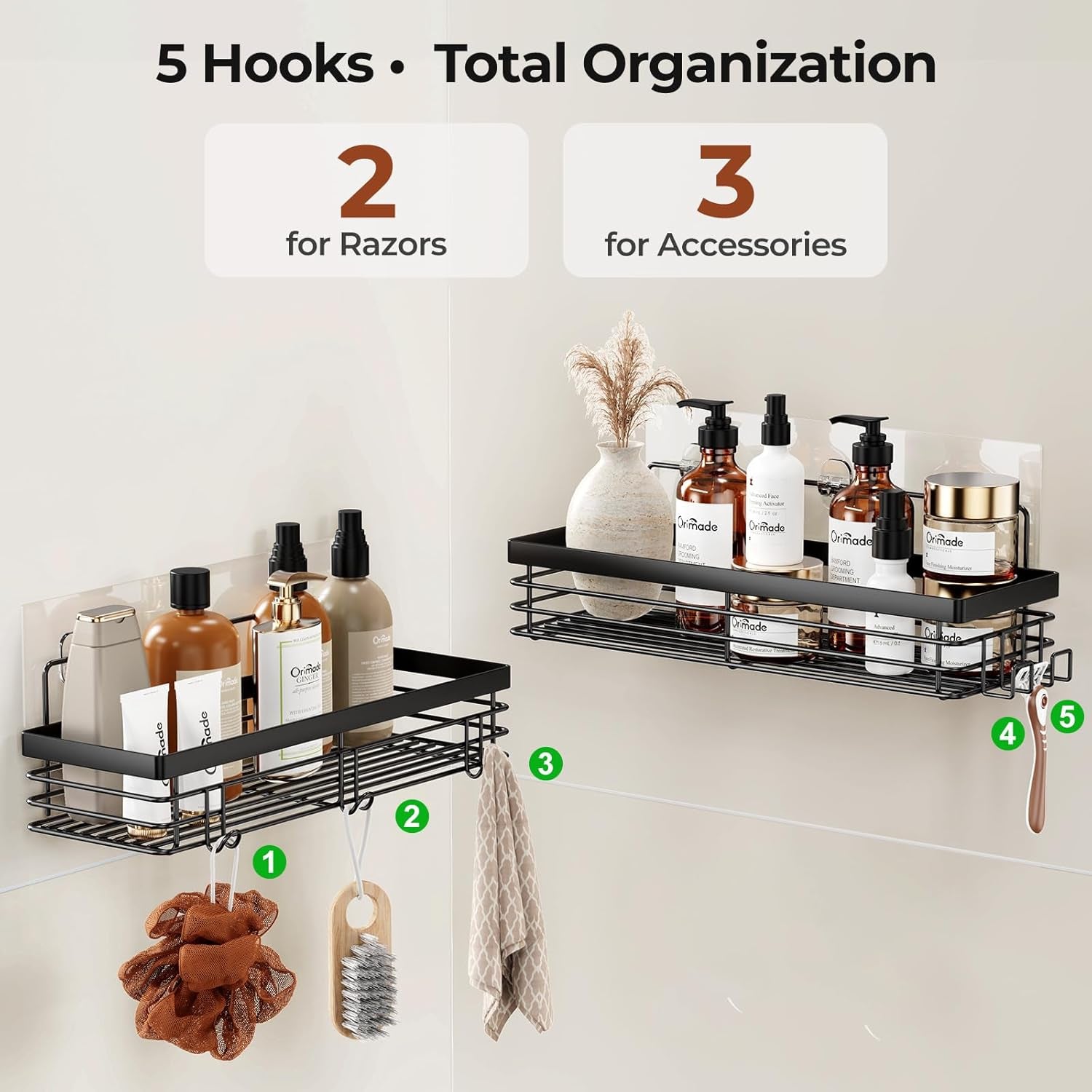 Shower Caddy with 5 Hooks for Hanging Razor and Sponge Adhesive Shower Shelf Basket Bathroom Storage Organizer Kitchen Rack No Drilling Stainless Steel Rustproof - 2 Pack,Black