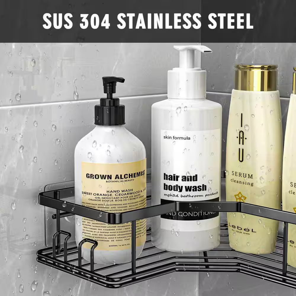 2-Pack Adhesive Stainless Steel Corner Shower Caddy Organizer Shelf with 8 Hooks