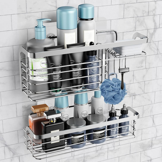 Adhesive Shower Caddy 2 Pack Shower Organizer Shelf, No Drilling Stainless Steel Bathroom Storage Rack for inside Shower Shampoo Conditioner Holder,Silver (Shower Caddy Sliver)