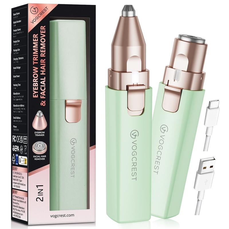 VG VOGCREST 2In1 Rechargeable Eyebrow Trimmer & Facial Hair Remover with LED Light - Painless Precision Shaver for Face, Lips, and Body - Comfort