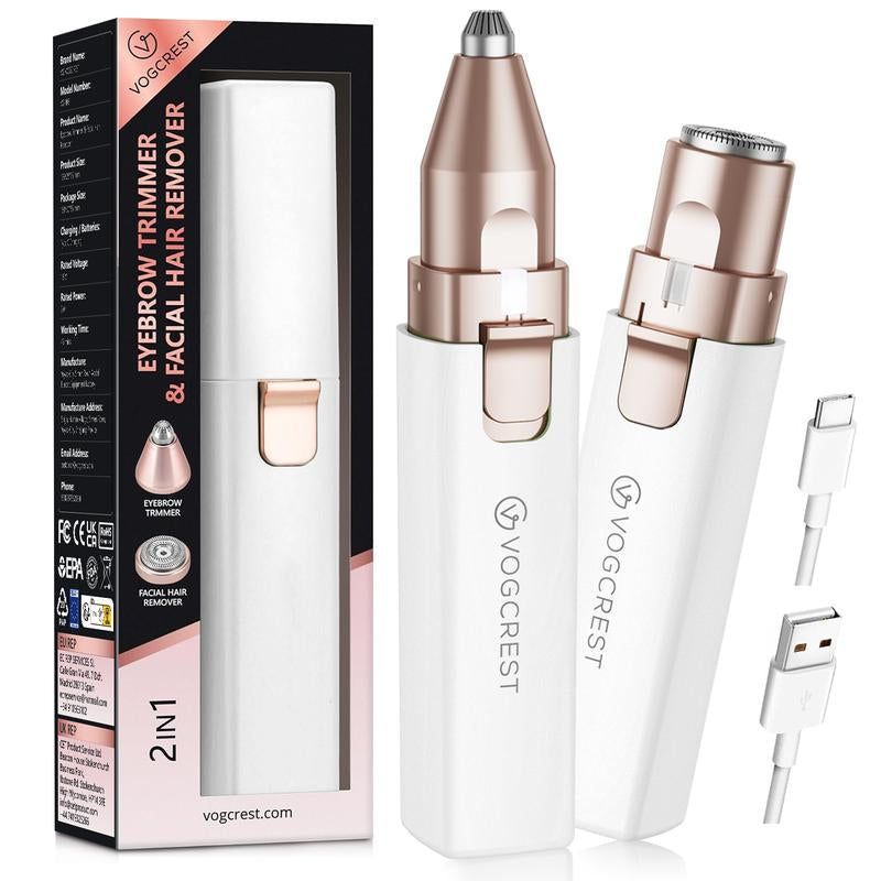 VG VOGCREST 2In1 Rechargeable Eyebrow Trimmer & Facial Hair Remover with LED Light - Painless Precision Shaver for Face, Lips, and Body - Comfort