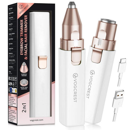 VG VOGCREST 2In1 Rechargeable Eyebrow Trimmer & Facial Hair Remover with LED Light - Painless Precision Shaver for Face, Lips, and Body - Comfort