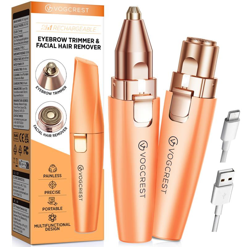 VG VOGCREST 2In1 Rechargeable Eyebrow Trimmer & Facial Hair Remover with LED Light - Painless Precision Shaver for Face, Lips, and Body - Comfort