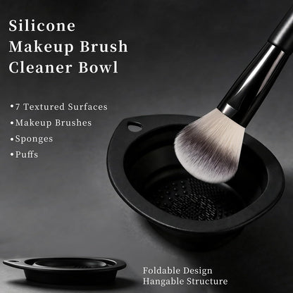 Makeup Brushes Set 14 Pcs with 1 Foldable Silicone Cleaner Bowl and 1 Powder Puff, Professional Foundation Eyeshadow Concealer Blush Powder Bronzer Make up Brushes Kit - Black