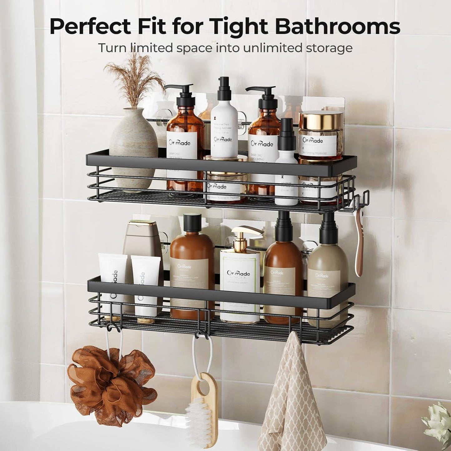 Shower Caddy with 5 Hooks for Hanging Razor and Sponge Adhesive Shower Shelf Basket Bathroom Storage Organizer Kitchen Rack No Drilling Stainless Steel Rustproof - 2 Pack,Black