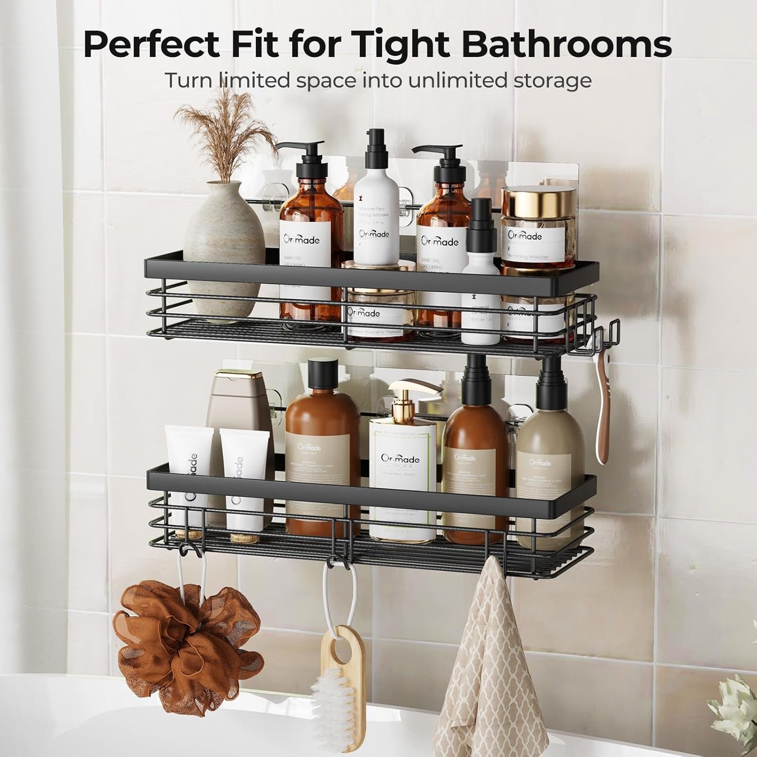 Shower Caddy with 5 Hooks for Hanging Razor and Sponge Adhesive Shower Shelf Basket Bathroom Storage Organizer Kitchen Rack No Drilling Stainless Steel Rustproof - 2 Pack,Black