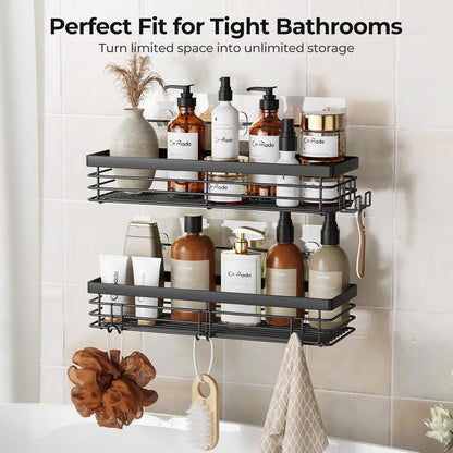 Shower Caddy with 5 Hooks for Hanging Razor and Sponge Adhesive Shower Shelf Basket Bathroom Storage Organizer Kitchen Rack No Drilling Stainless Steel Rustproof - 2 Pack,Black