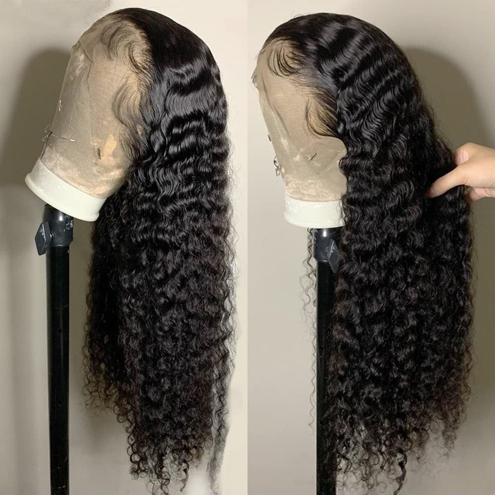 13X4 Deep Wave Lace Front Wigs Human Hair 180% Density Deep Wave Frontal Wigs Human Hair HD Lace 26 Inch Curly Wigs for Black Women Pre Plucked with Baby Hair Curly Lace Front Wig