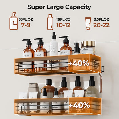 Shower Caddy with 5 Hooks for Hanging Razor and Sponge Adhesive Shower Shelf Basket Bathroom Storage Organizer Kitchen Rack No Drilling Stainless Steel Rustproof - 2 Pack,Black