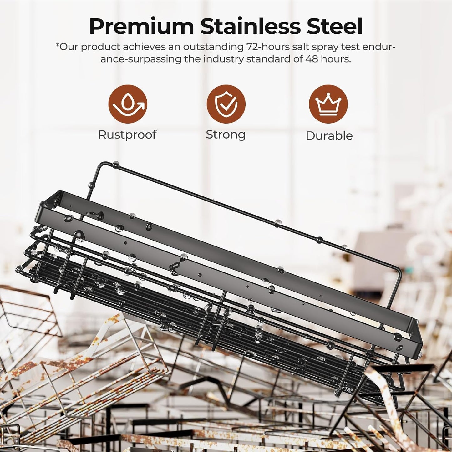 Shower Caddy with 5 Hooks for Hanging Razor and Sponge Adhesive Shower Shelf Basket Bathroom Storage Organizer Kitchen Rack No Drilling Stainless Steel Rustproof - 2 Pack,Black