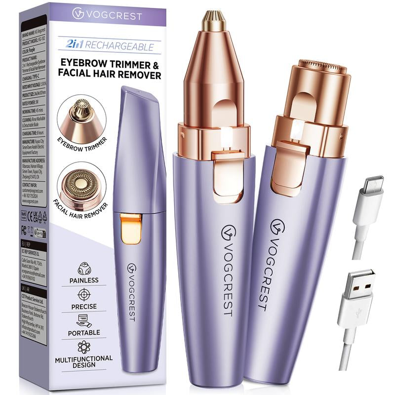 VG VOGCREST 2In1 Rechargeable Eyebrow Trimmer & Facial Hair Remover with LED Light - Painless Precision Shaver for Face, Lips, and Body - Comfort