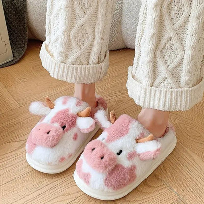 Cartoon Cow Cotton Slippers Winter Indoor Outdoor Slippers for Women