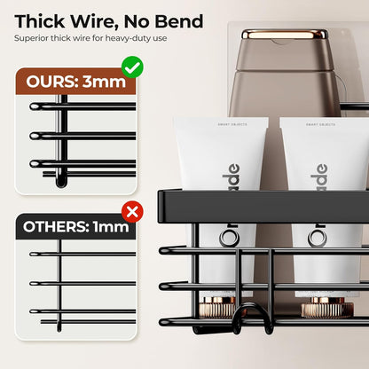 Shower Caddy with 5 Hooks for Hanging Razor and Sponge Adhesive Shower Shelf Basket Bathroom Storage Organizer Kitchen Rack No Drilling Stainless Steel Rustproof - 2 Pack,Black