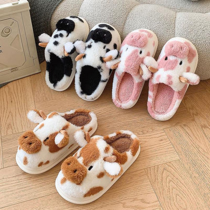 Cartoon Cow Cotton Slippers Winter Indoor Outdoor Slippers for Women