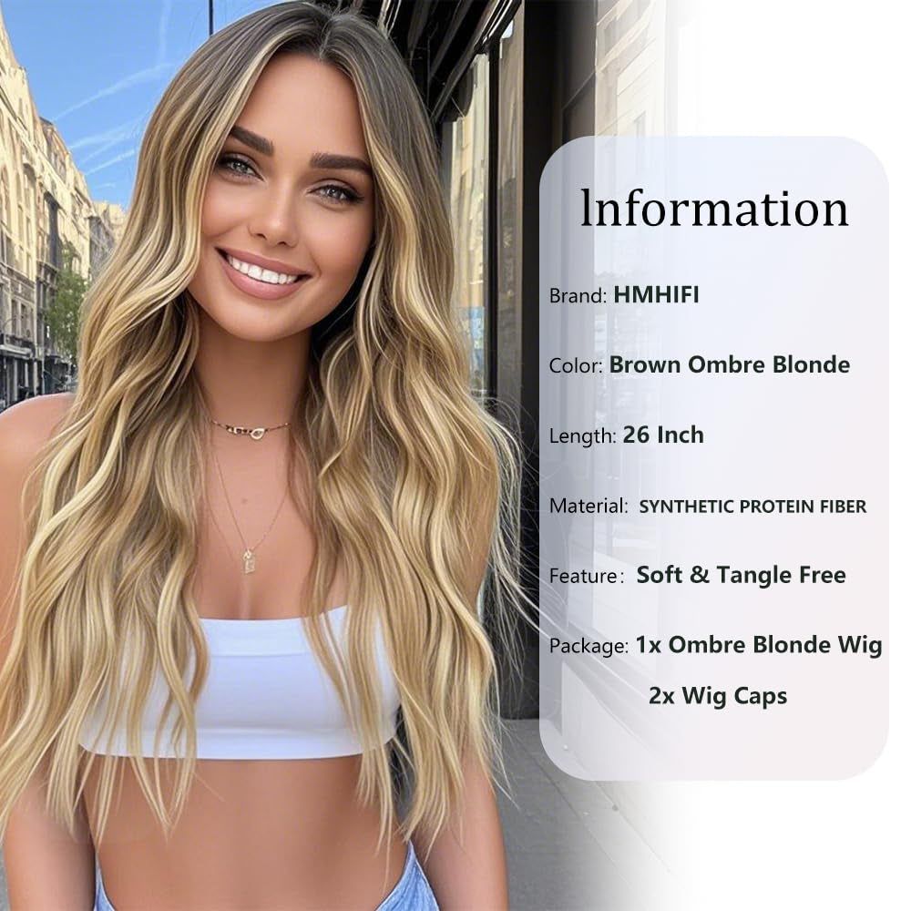 Blonde Wig for Women,26 Inch Long Wavy Curly Middle Part Hair