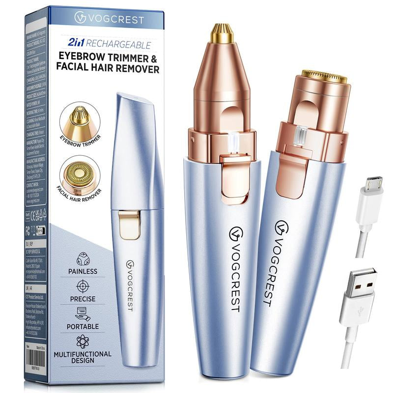VG VOGCREST 2In1 Rechargeable Eyebrow Trimmer & Facial Hair Remover with LED Light - Painless Precision Shaver for Face, Lips, and Body - Comfort