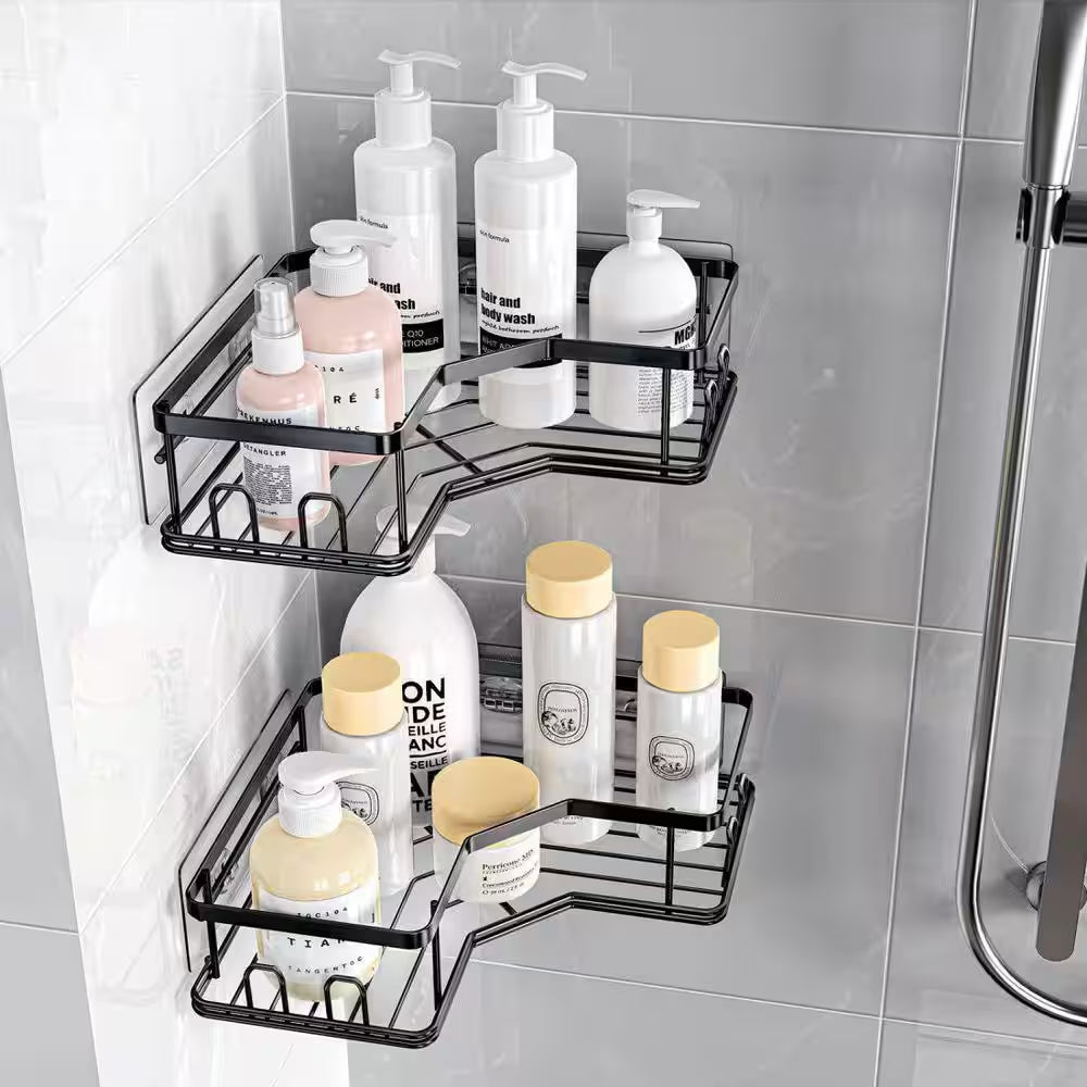 2-Pack Adhesive Stainless Steel Corner Shower Caddy Organizer Shelf with 8 Hooks