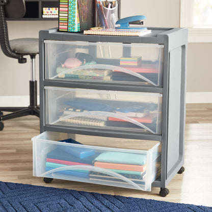 3 Drawer Wide Storage Cart, Gray