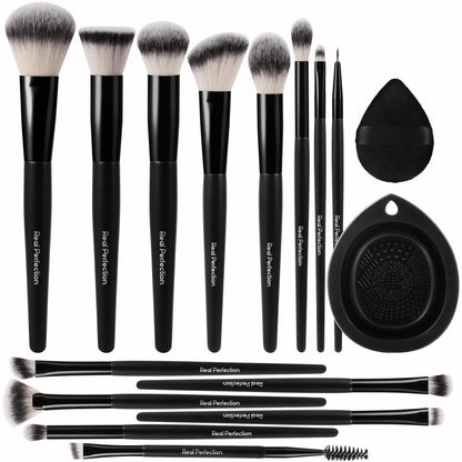 Makeup Brushes Set 14 Pcs with 1 Foldable Silicone Cleaner Bowl and 1 Powder Puff, Professional Foundation Eyeshadow Concealer Blush Powder Bronzer Make up Brushes Kit - Black