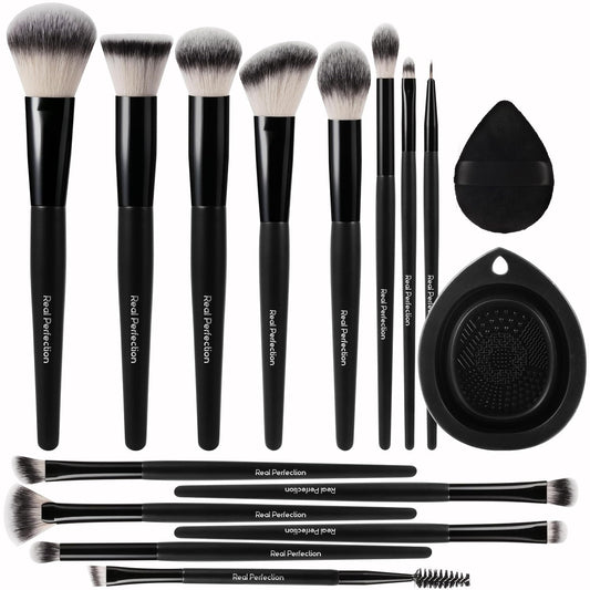 Makeup Brushes Set 14 Pcs with 1 Foldable Silicone Cleaner Bowl and 1 Powder Puff, Professional Foundation Eyeshadow Concealer Blush Powder Bronzer Make up Brushes Kit - Black