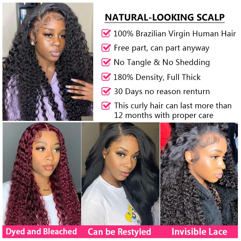 13X4 Deep Wave Lace Front Wigs Human Hair 180% Density Deep Wave Frontal Wigs Human Hair HD Lace 26 Inch Curly Wigs for Black Women Pre Plucked with Baby Hair Curly Lace Front Wig