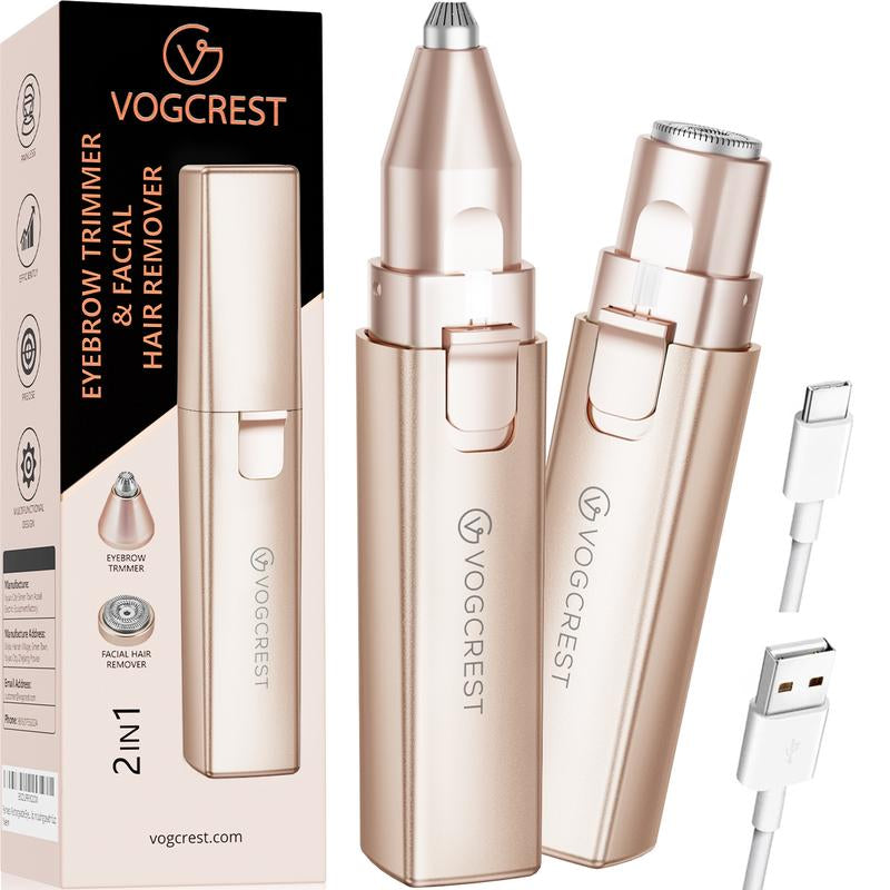 VG VOGCREST 2In1 Rechargeable Eyebrow Trimmer & Facial Hair Remover with LED Light - Painless Precision Shaver for Face, Lips, and Body - Comfort