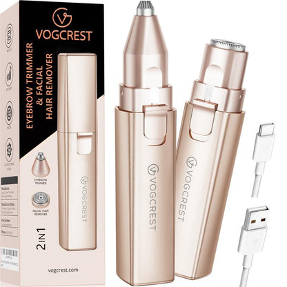 VG VOGCREST 2In1 Rechargeable Eyebrow Trimmer & Facial Hair Remover with LED Light - Painless Precision Shaver for Face, Lips, and Body - Comfort
