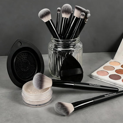 Makeup Brushes Set 14 Pcs with 1 Foldable Silicone Cleaner Bowl and 1 Powder Puff, Professional Foundation Eyeshadow Concealer Blush Powder Bronzer Make up Brushes Kit - Black