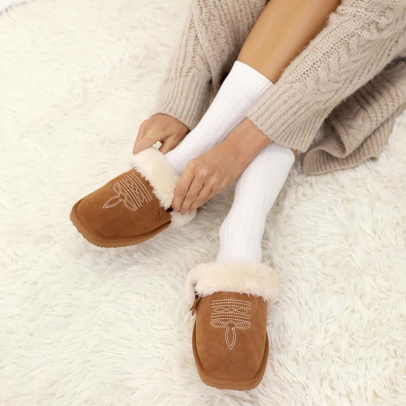 OOW Western Fluffy Slippers for Women with Memory Foam Comfy Houes Cowgirl Boot Slippers for Bedroom Indoor Square Toe Winter Walking Shoes Chestnut