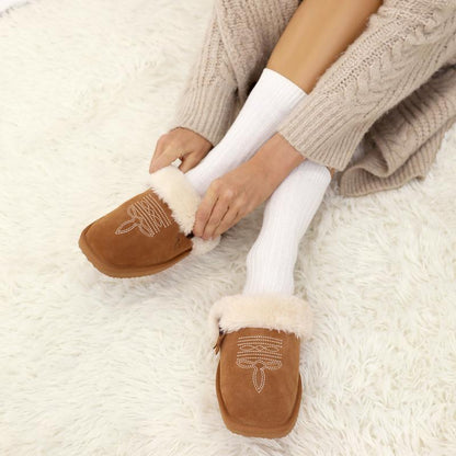 OOW Western Fluffy Slippers for Women with Memory Foam Comfy Houes Cowgirl Boot Slippers for Bedroom Indoor Square Toe Winter Walking Shoes Chestnut