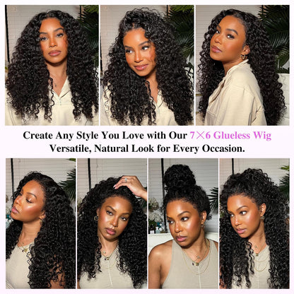 7X6 Burmese Curly Glueless Wigs Human Hair Pre Plucked Pre Cut 250% Density Drawstring Wig for Black Women 7X6 HD Lace Front Wigs Human Hair Glueless Wear and Go Natural Color 24 Inch