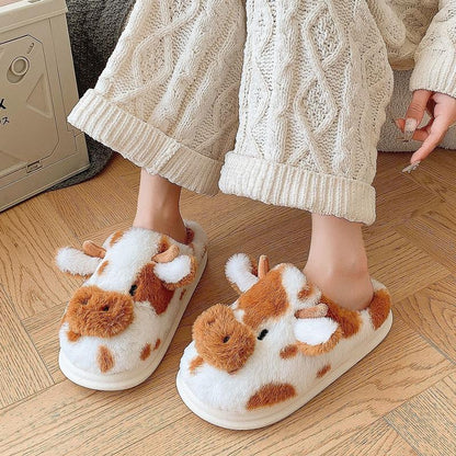 Cartoon Cow Cotton Slippers Winter Indoor Outdoor Slippers for Women