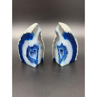 Natural Blue Agate Geode Bookends, Decorative Book Ends for Shelves, Stackable Book Stopper for Home Office Decor