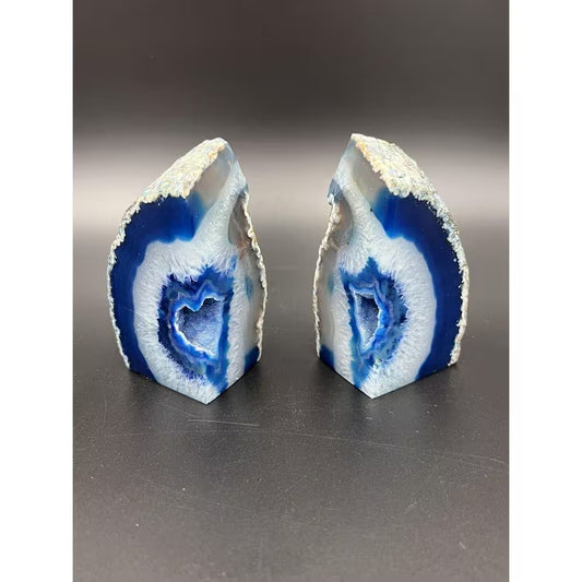 Natural Blue Agate Geode Bookends, Decorative Book Ends for Shelves, Stackable Book Stopper for Home Office Decor