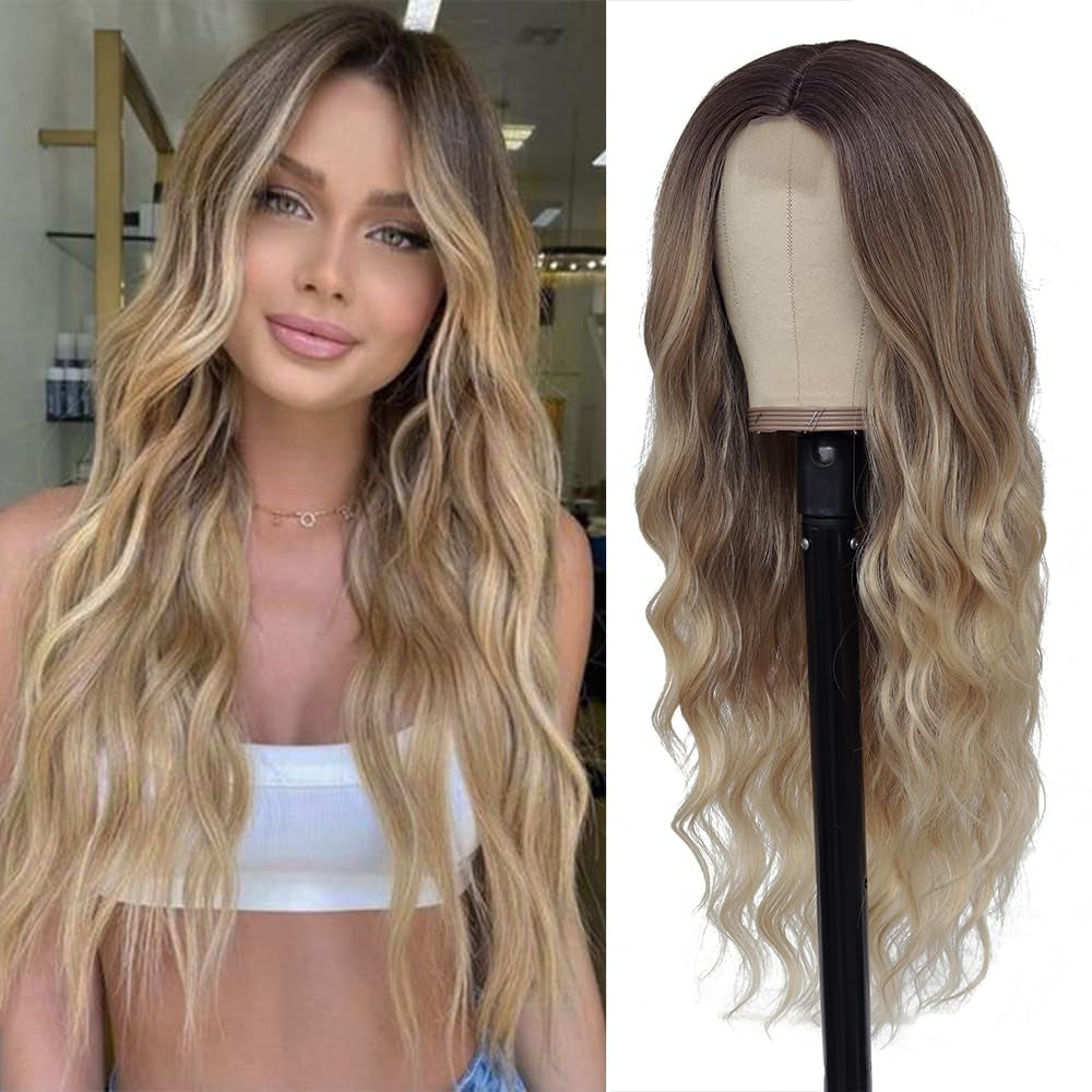 Blonde Wig for Women,26 Inch Long Wavy Curly Middle Part Hair