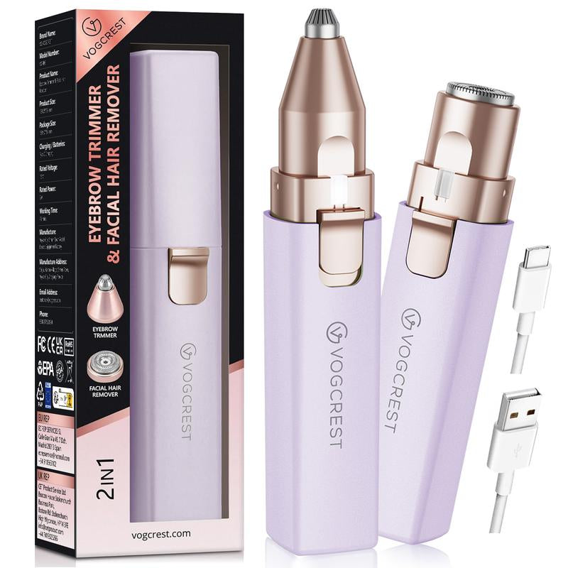 VG VOGCREST 2In1 Rechargeable Eyebrow Trimmer & Facial Hair Remover with LED Light - Painless Precision Shaver for Face, Lips, and Body - Comfort