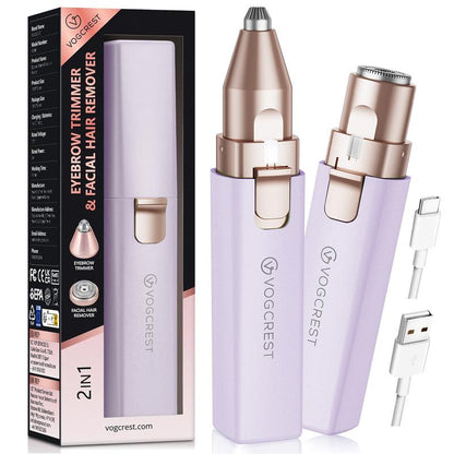 VG VOGCREST 2In1 Rechargeable Eyebrow Trimmer & Facial Hair Remover with LED Light - Painless Precision Shaver for Face, Lips, and Body - Comfort