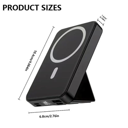Magnetic Power Bank 10000Mah Wireless Portable Charger with USB-C Cable LED Display Foldable Battery Pack for Iphone 16/15/14/13/12/Pro/Pro Max Series Charging Compact Silicone Black