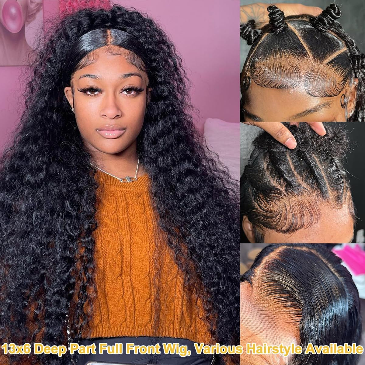 Bling Hair 38 Inch Deep Wave Lace Front Wigs Human Hair Glueless Deep Curly Wigs for Women 200% Density 13X6 Lace Frontal Wet and Wavy Wigs Human Hair Pre Plucked with Natural Hairline Natural Color